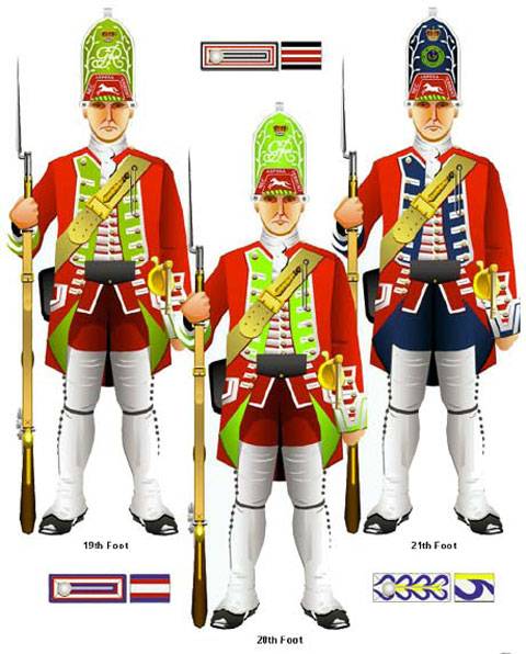 Uniformes del Regimiento de Granaderos de la Armada Británica en 1750. 